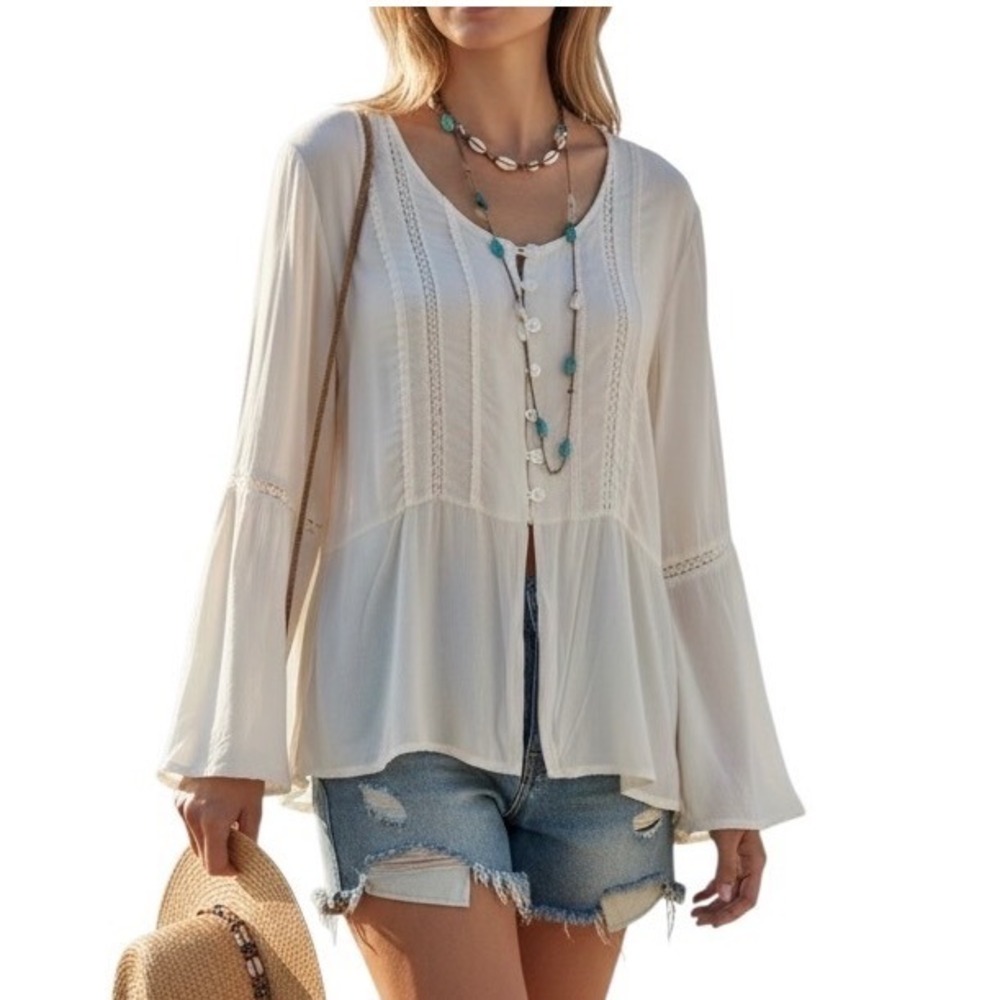 Boston Proper Cream Rayon Lace Trim Button Front Boho Blouse Top Ivory Medium